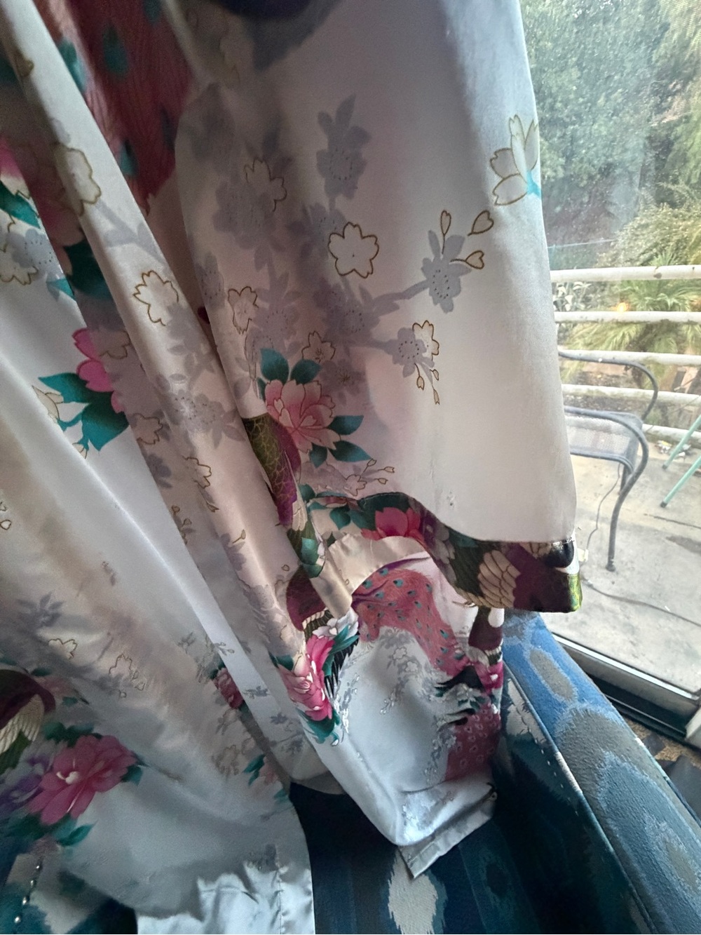 Silky Floral Peacock Kimono Robe - Cream with Pink & Teal - Picture 4 of 5